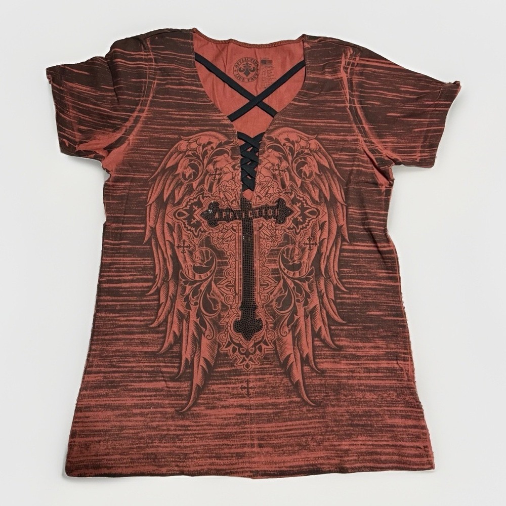 Affliction Women's Short Sleeve Red Laced Cross Wings Shirt Size L Grunge Biker